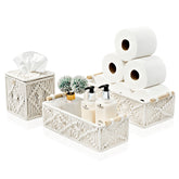 The Sorbus Macrame Bathroom Set offers a stylish and practical solution for organizing your bathroom essentials. This set includes two lined rectangular storage baskets and one tissue holder, all featuring a bohemian design crafted from paper rope material. The compact size of the baskets allows them to fit neatly on top of toilet tanks, making them perfect for organizing washcloths, hand towels, toilet paper rolls, skincare products, toiletries, hair accessories, and makeup.